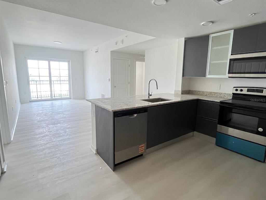 A modern kitchen with dark cabinets and a granite island opens into a living area — 5579 MILLENIA PARK BOULEVARD UNIT 318, ORLANDO, FL