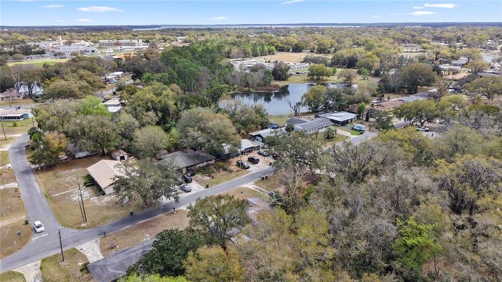 An aerial view shows a residential neighborhood with houses, trees, and a small lake — 303 LOUIS STREET, LEESBURG, FL