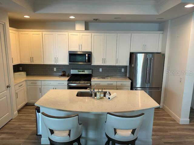 A kitchen features white cabinetry, stainless steel appliances, a center island, and wood-look flooring — 5262 ASHER COURT, SARASOTA, FL