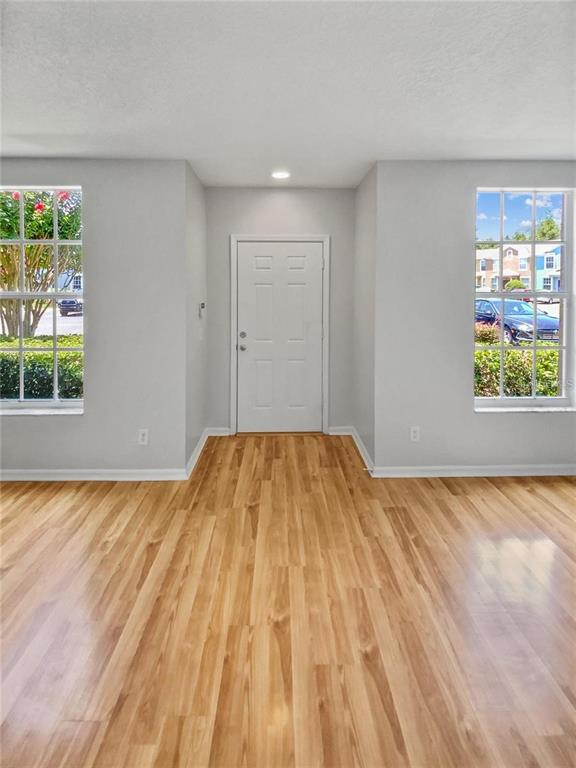 A room with light wood flooring, two windows, and a white door in the center — 30205 SWINFORD LANE, WESLEY CHAPEL, FL