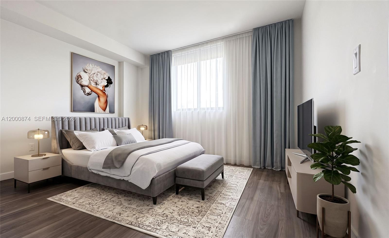 This bedroom features a gray upholstered bed, a patterned area rug, and floor-to-ceiling curtains — 315 NW 27th Ave # 319, Miami FL 33125, MIAMI, FL