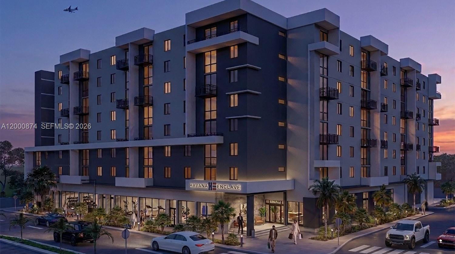 This is a digital rendering of a modern multi-story apartment building with ground-floor retail space — 315 NW 27th Ave # 319, Miami FL 33125, MIAMI, FL