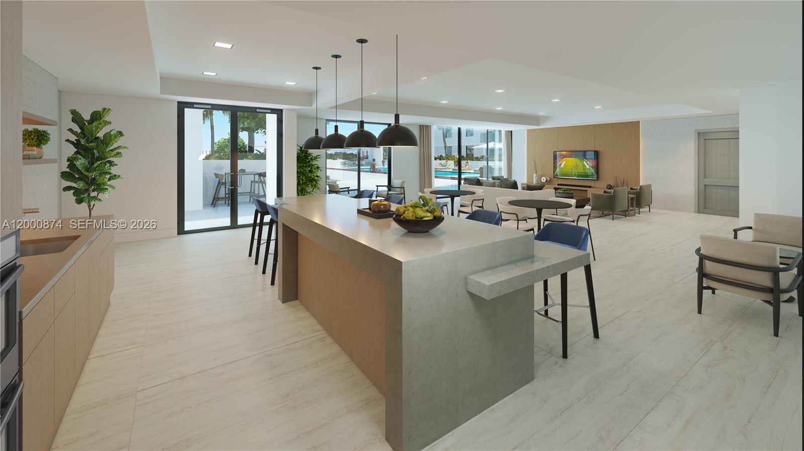 This rendering shows a modern open-concept kitchen and living area with a large stone island — 315 NW 27th Ave # 319, Miami FL 33125, MIAMI, FL