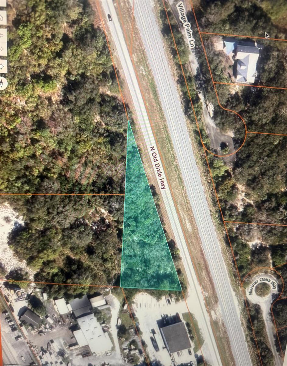 An aerial map view shows a triangular, wooded parcel of land adjacent to a highway — 0 Old Dixie N Highway, Fort Pierce FL 34946, FORT PIERCE, FL
