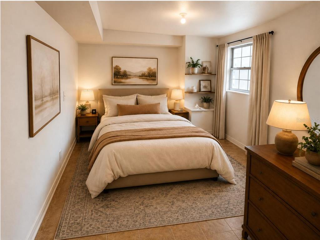 A bedroom features a queen bed, neutral bedding, wood furniture, and built-in corner shelving — 301 CLARK STREET, MAITLAND, FL