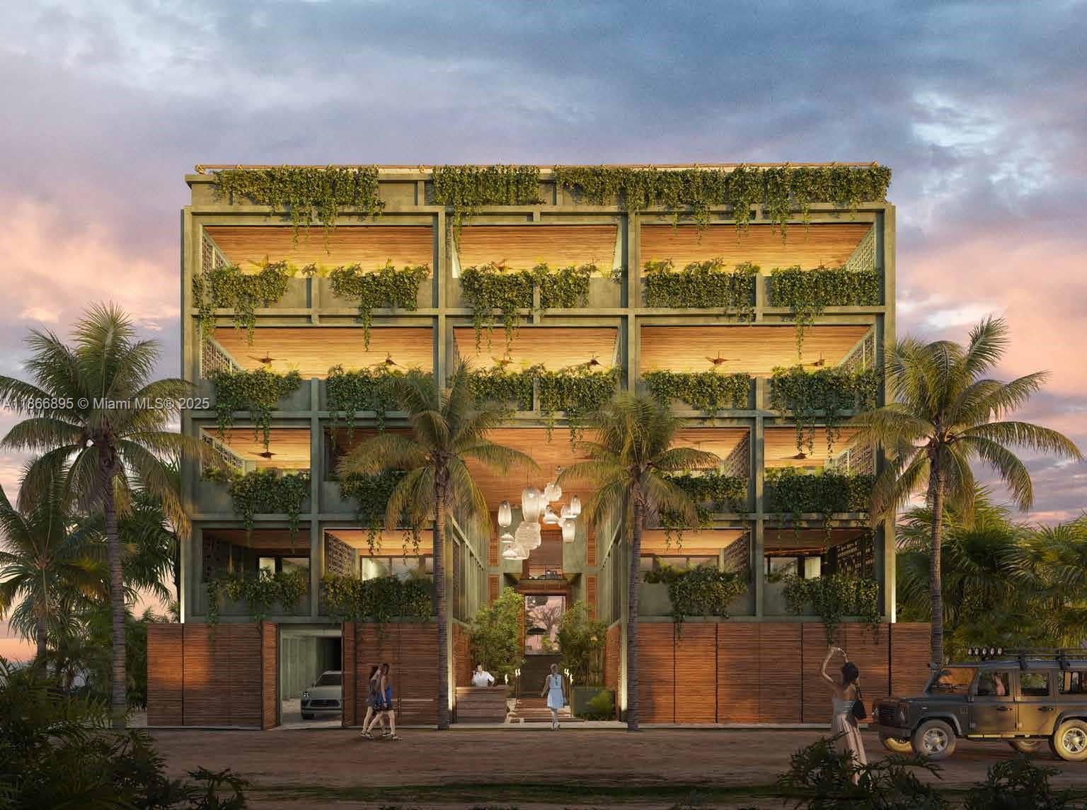 This architectural rendering shows a multi-story building exterior with lush greenery and wooden accents — - 22 TANKAH # 303, 0 0, 0