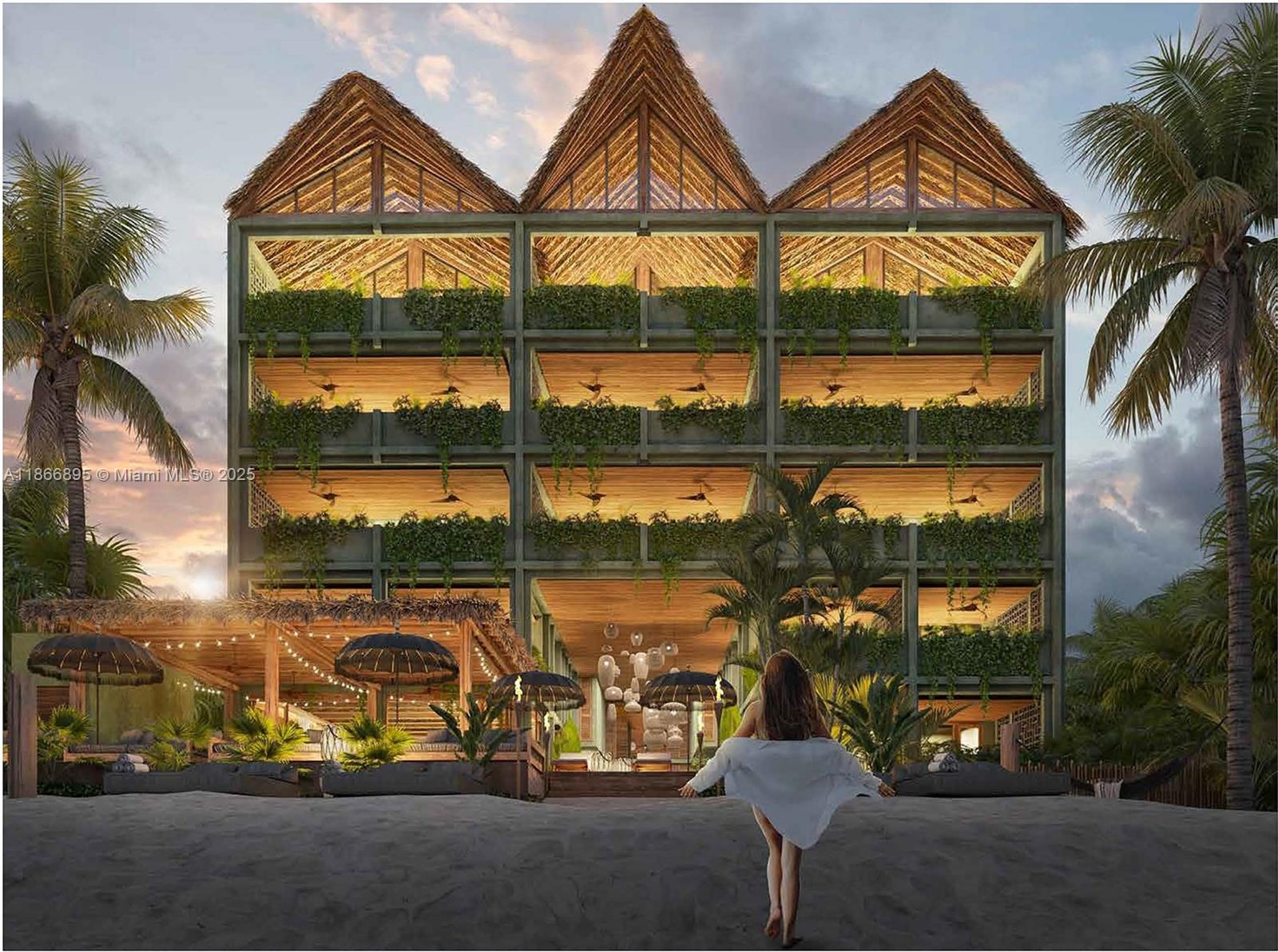 This rendering shows a multi-story beachfront resort building with thatched roofs and hanging greenery — - 22 TANKAH # 303, 0 0, 0