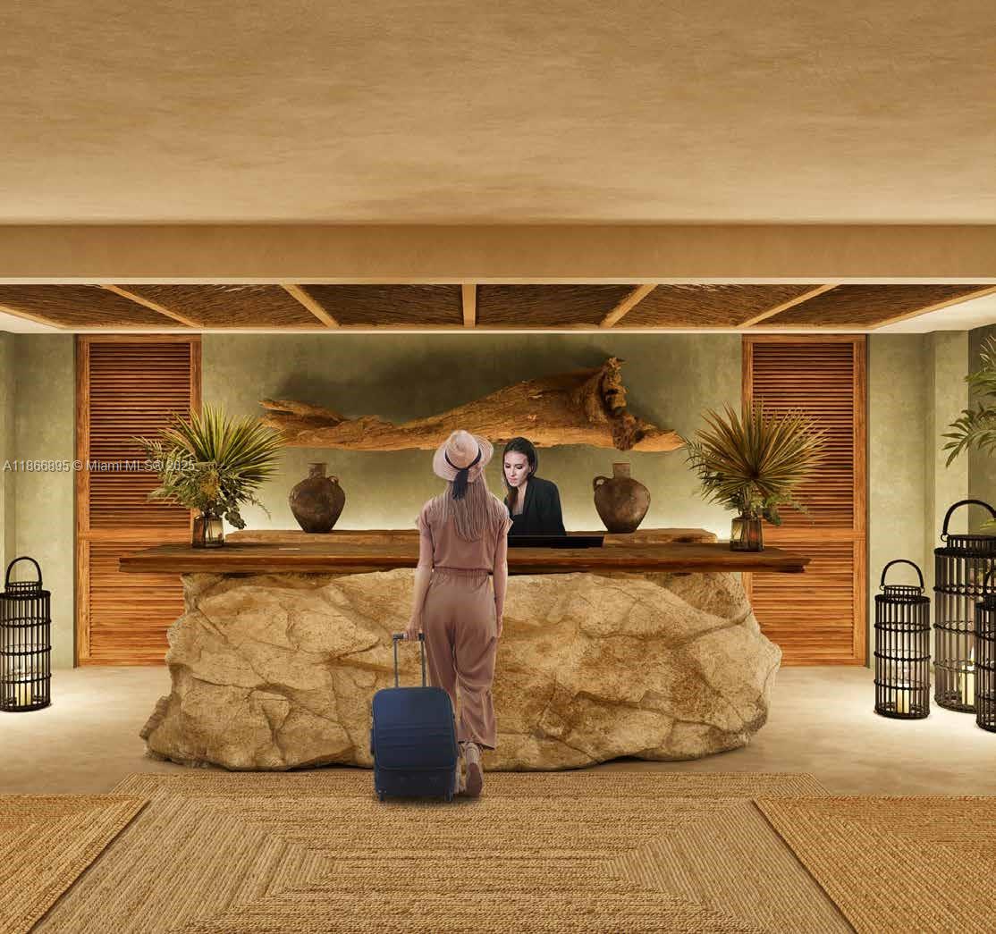 This is a rendering of a hotel lobby featuring a natural stone reception desk — - 22 TANKAH # 303, 0 0, 0