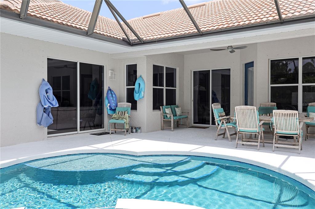 A swimming pool with steps sits on a patio enclosed by a screened-in lanai — 956 SCHERER WAY, OSPREY, FL