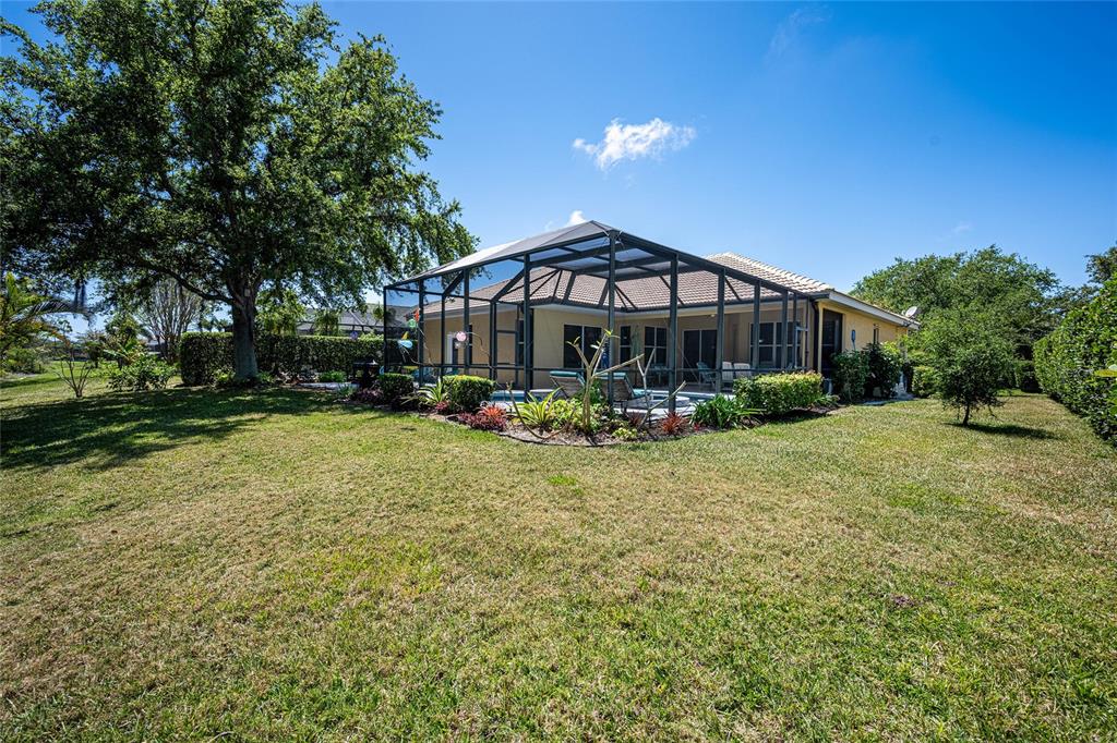 A backyard view of a house with a screened-in pool enclosure and large shade tree — 956 SCHERER WAY, OSPREY, FL