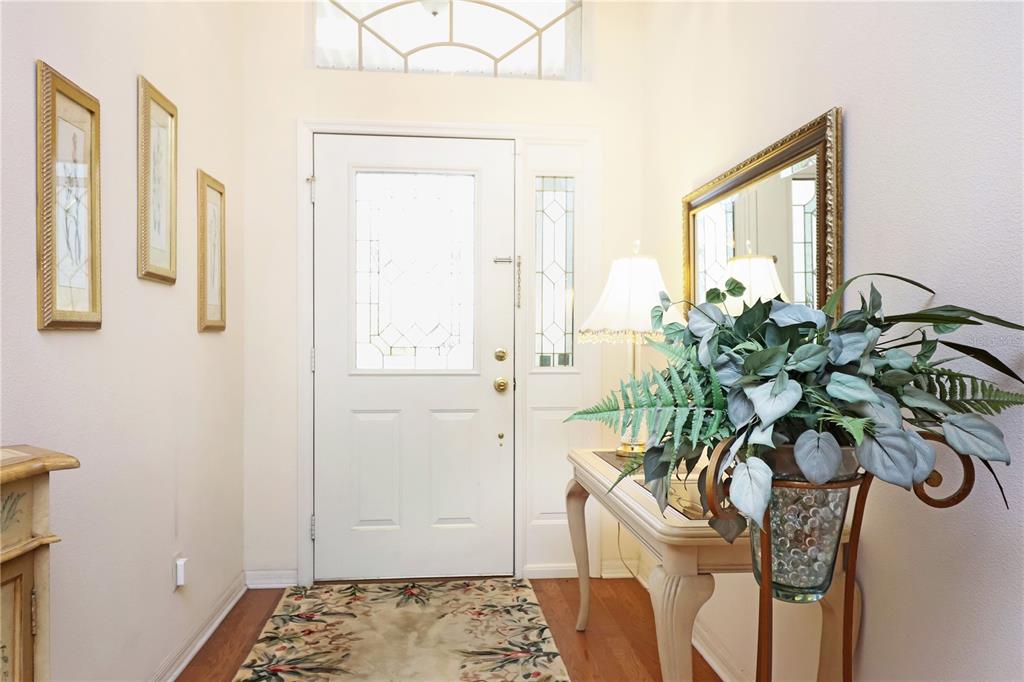 A bright entryway features a white front door, a console table, a mirror, and artwork — 20631 PRINCE RANIER PLACE, LEESBURG, FL