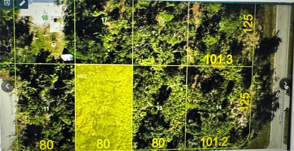 This is a satellite map showing a grid of numbered land parcels with dimensions — 17504 BILLIAR AVENUE, PORT CHARLOTTE, FL