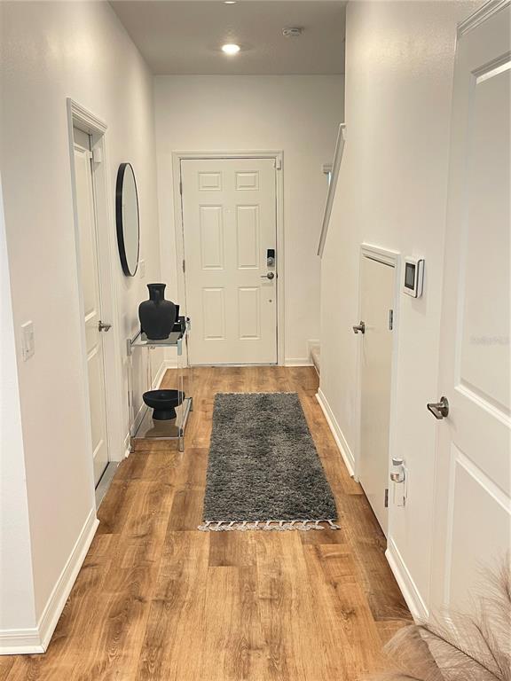 A bright entryway features wood-look flooring, a gray runner rug, and a white front door — 3575 DAVENPORT CREEK COURT, KISSIMMEE, FL