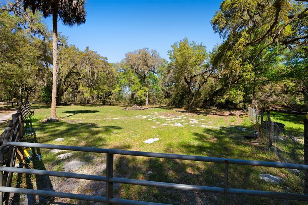 A fenced grassy lot features scattered rocks and mature trees under a clear blue sky — 15311 SW 107TH STREET, ARCHER, FL