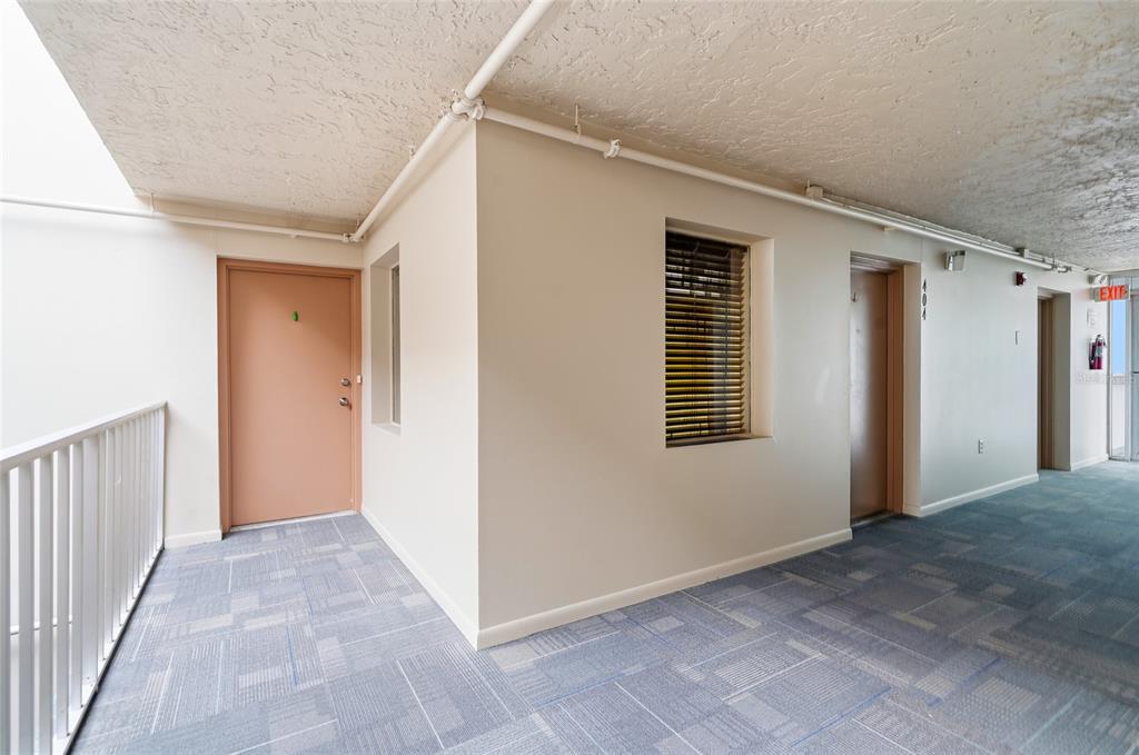 An outdoor apartment hallway features blue carpet, beige walls, and two unit doors — 4900 38TH WAY S UNIT 404, ST PETERSBURG, FL