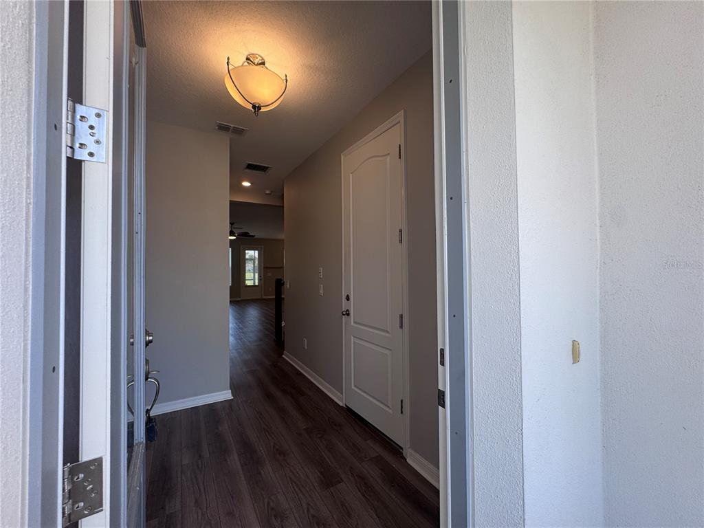 A view from an open doorway into a foyer with wood-look flooring and a light fixture — 2518 CAGLIARI LANE, APOPKA, FL