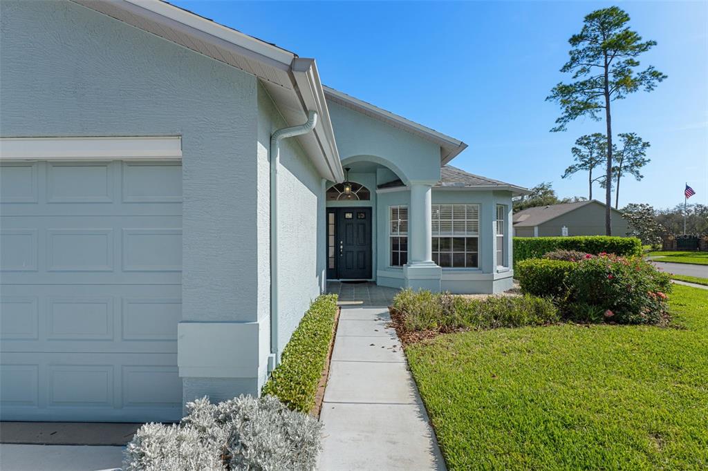 A light blue house exterior features a garage, a concrete walkway, and a covered entryway — 18236 WEBSTER GROVE DRIVE, HUDSON, FL