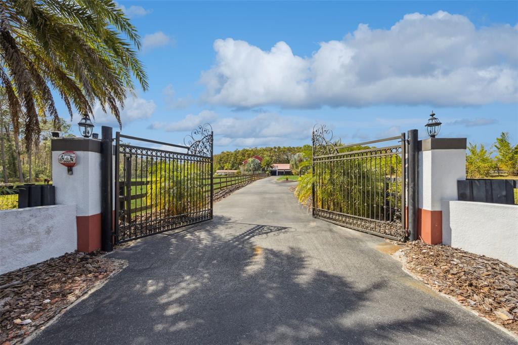 An open wrought iron gate leads to a long paved driveway on a sunny day — 8515 BAY LAKE ROAD, GROVELAND, FL