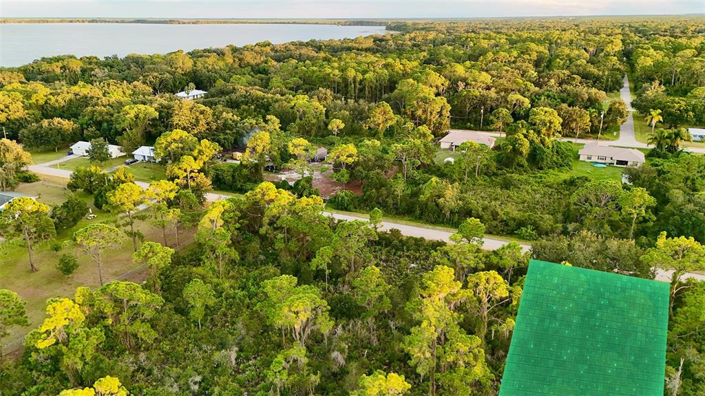 An aerial view shows a green roof in the foreground overlooking a wooded residential area — 1510 ERROL STREET, LAKE PLACID, FL