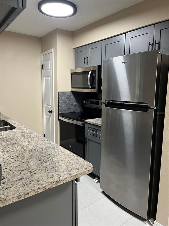 A kitchen features gray cabinets, stainless steel appliances, and speckled granite countertops — 211 THORN TREE PLACE, BRANDON, FL