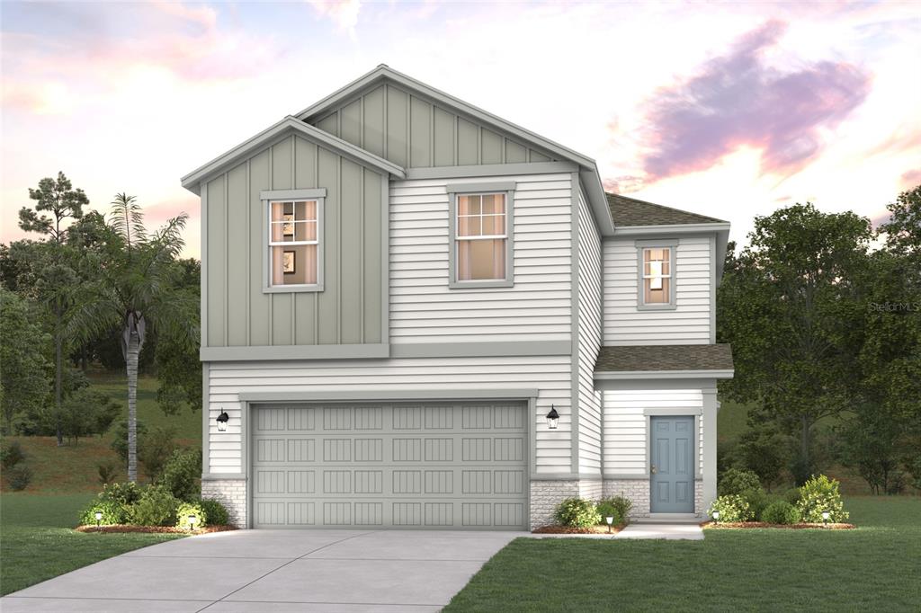 A digital rendering of a two-story house with horizontal siding, board-and-batten accents, and a garage — 1359 RIBBON PLACE, PALM COAST, FL