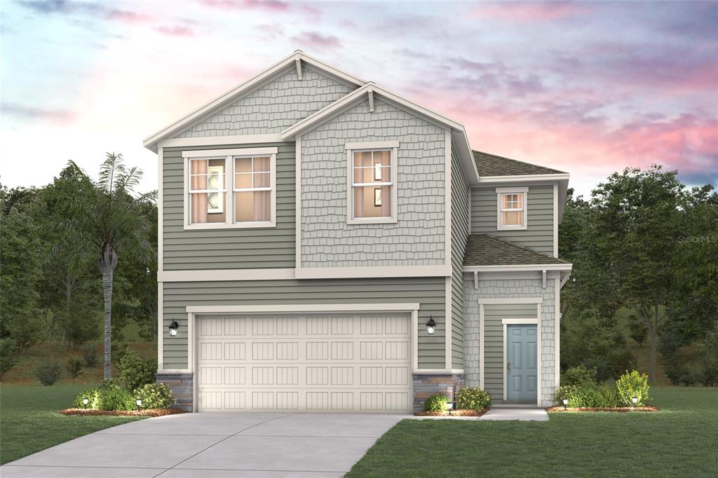 A digital rendering of a two-story house with gray siding, a garage, and a front entrance — 1359 RIBBON PLACE, PALM COAST, FL