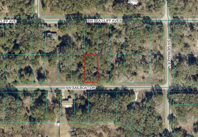 This is an aerial map showing a vacant, rectangular residential lot outlined in red — SW SAILBOAT DRIVE, DUNNELLON, FL