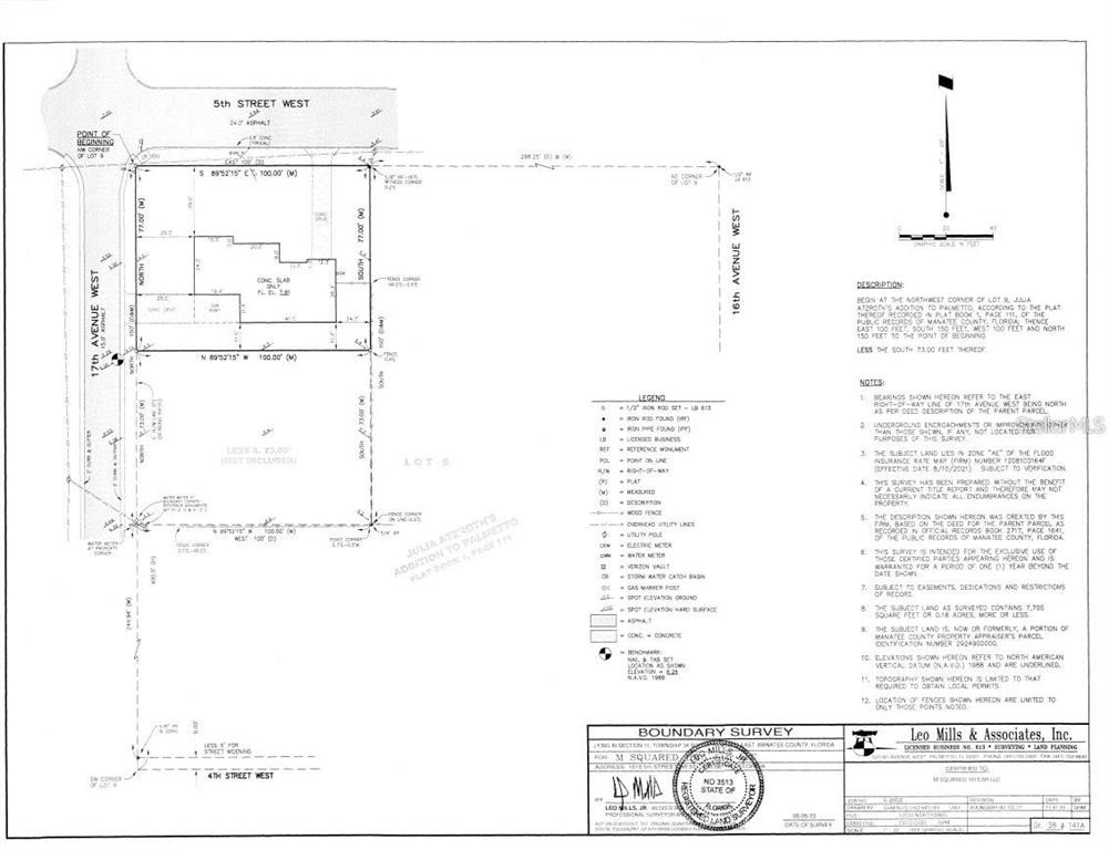 This image is a boundary survey map showing property lines, dimensions, and existing structures — 1615 5TH STREET W, PALMETTO, FL