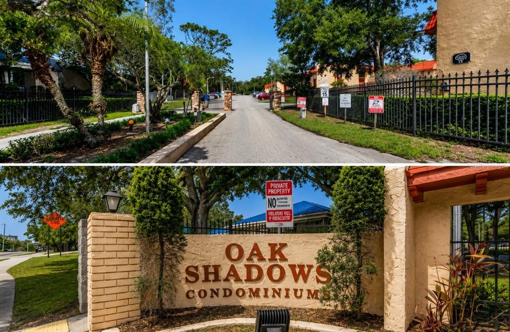 The image shows the entrance and signage for the Oak Shadows Condominiums complex — 2850 N POWERS DRIVE UNIT 83, ORLANDO, FL