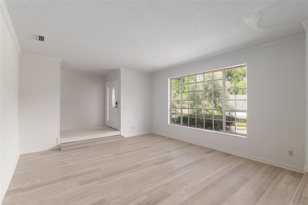 An empty living room features light wood-look flooring, white walls, and a large grid window — 1410 NW 28TH STREET, GAINESVILLE, FL