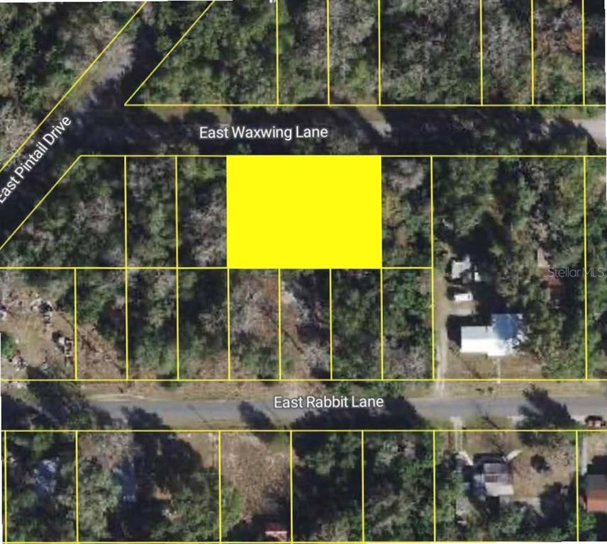 An aerial map shows a highlighted yellow rectangular lot located between two residential streets — 10534 E WAXWING LANE, FLORAL CITY, FL