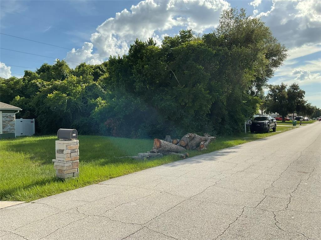 A grassy vacant lot features a stone mailbox and a pile of cut tree logs — 883 TRUMBULL STREET, DELTONA, FL