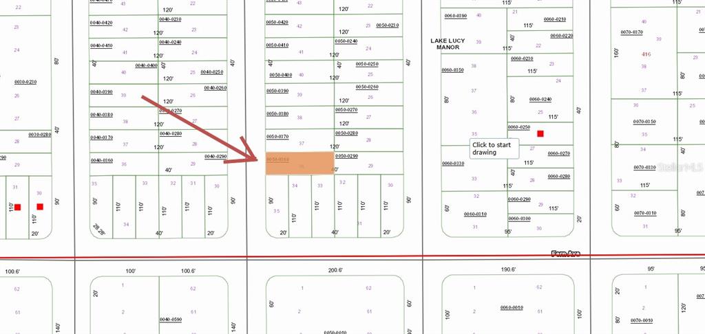 This image is a tax map showing property lot lines and parcel numbers — Lot 36 PAXON, INTERLACHEN, FL