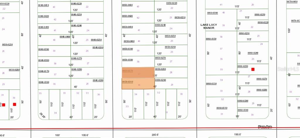 This is a tax map showing property lot lines and parcel numbers for a residential area — Lot 36 PAXON, INTERLACHEN, FL