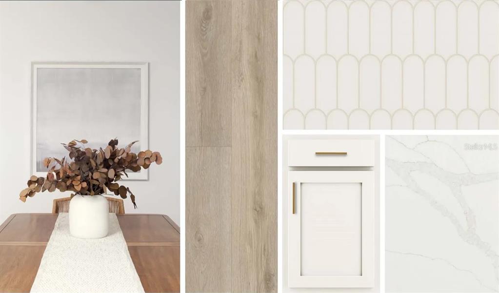 This design board displays samples of light wood flooring, white cabinetry, quartz countertops, and tile — 30135 EMERALD FOREST DRIVE, MOUNT DORA, FL