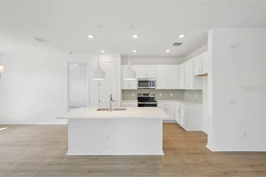 A modern kitchen features white cabinets, a central island with a sink, and wood flooring — 30135 EMERALD FOREST DRIVE, MOUNT DORA, FL