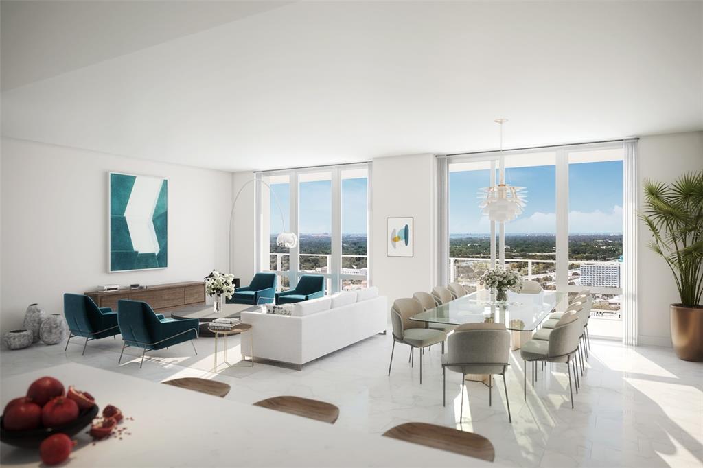 This rendering shows a modern open-concept living and dining area with floor-to-ceiling windows — 400 CENTRAL AVENUE UNIT 3102, ST PETERSBURG, FL