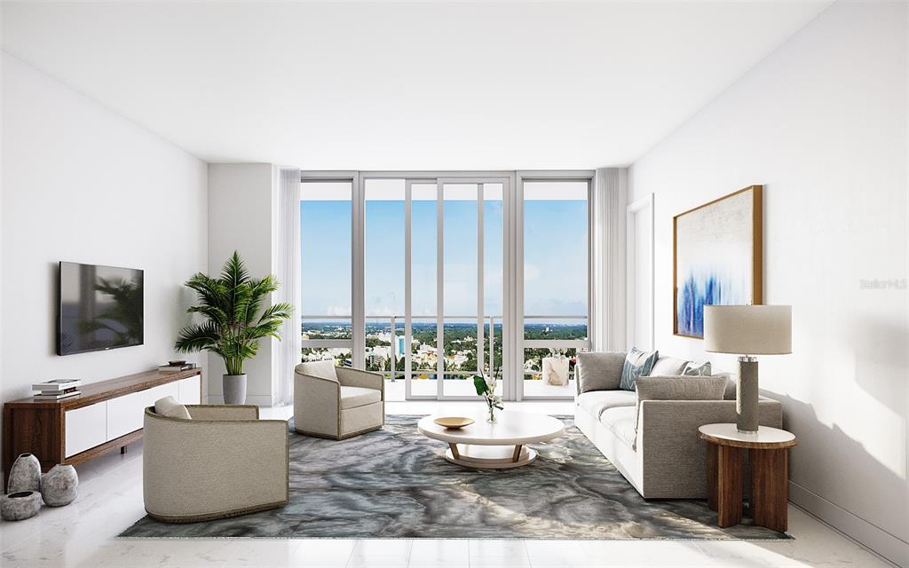 This rendering shows a modern living room with floor-to-ceiling windows and a city view — 400 CENTRAL AVENUE UNIT 3102, ST PETERSBURG, FL