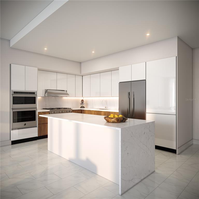 This is a rendering of a modern kitchen featuring white cabinetry, wood accents, and marble countertops — 400 CENTRAL AVENUE UNIT 3102, ST PETERSBURG, FL