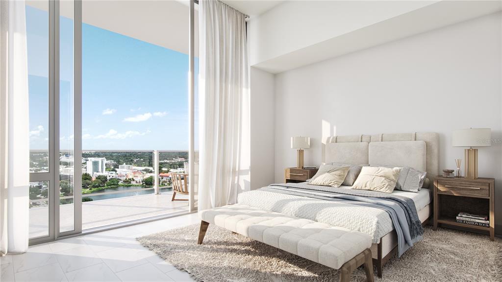 This is a rendering of a modern bedroom with a balcony overlooking a lake and city — 400 CENTRAL AVENUE UNIT 3102, ST PETERSBURG, FL