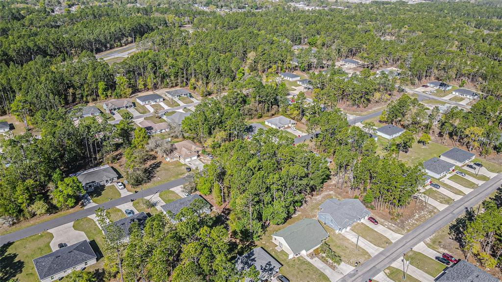 An aerial view shows several single-family homes nestled within a dense, wooded residential neighborhood — 9411 N MENDOZA WAY, CITRUS SPRINGS, FL