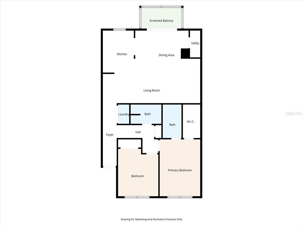 This is a floor plan of a two-bedroom apartment with a screened balcony — 5980 TERRACE PARK DRIVE N UNIT 309, ST PETERSBURG, FL