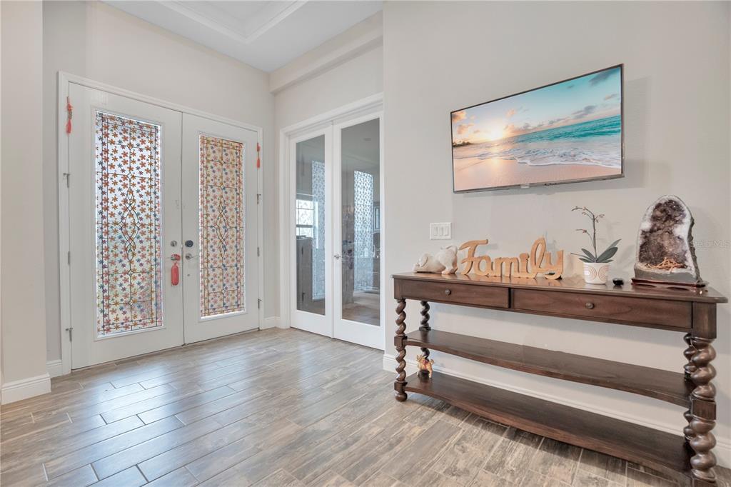 An entryway features a wood-look tile floor, double front doors with decorative glass, and a console — 21914 BUTTERFLY KISS DRIVE, LAND O LAKES, FL
