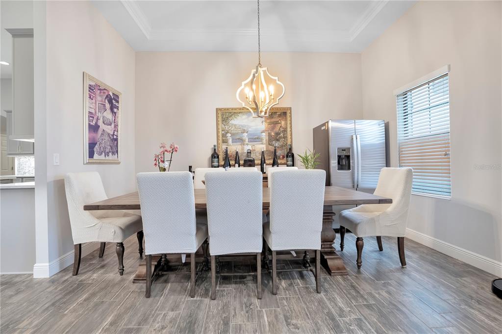 A dining room features a wooden table, six upholstered chairs, a chandelier, and a refrigerator — 21914 BUTTERFLY KISS DRIVE, LAND O LAKES, FL