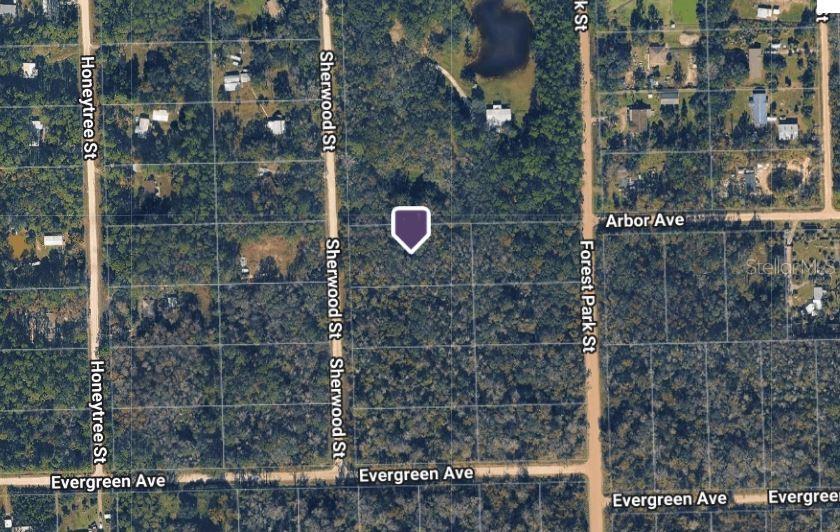 This is an aerial map showing a vacant lot marked with a purple pin — 1763 SHERWOOD STREET, BUNNELL, FL