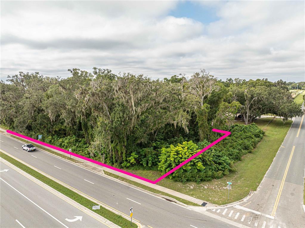 An aerial view shows a vacant, wooded corner lot bordered by two paved roads — 6974 POWELL ROAD, WILDWOOD, FL
