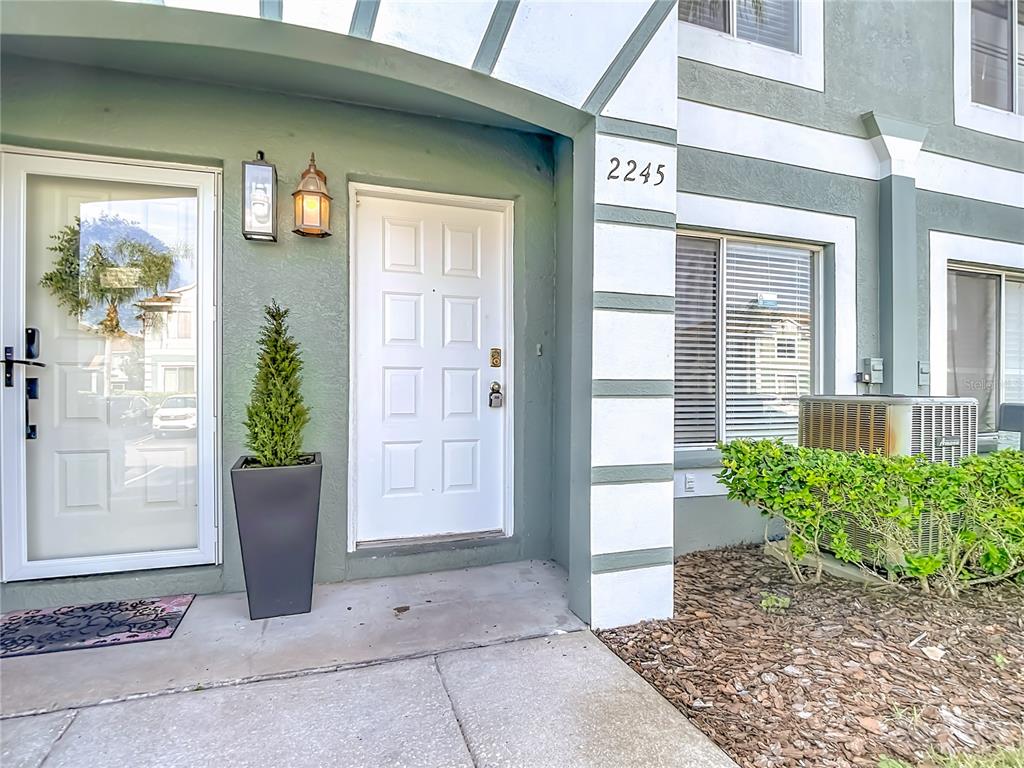 The exterior of a residential building features a white front door, a potted plant, and windows — 2245 FLUORSHIRE DRIVE, BRANDON, FL