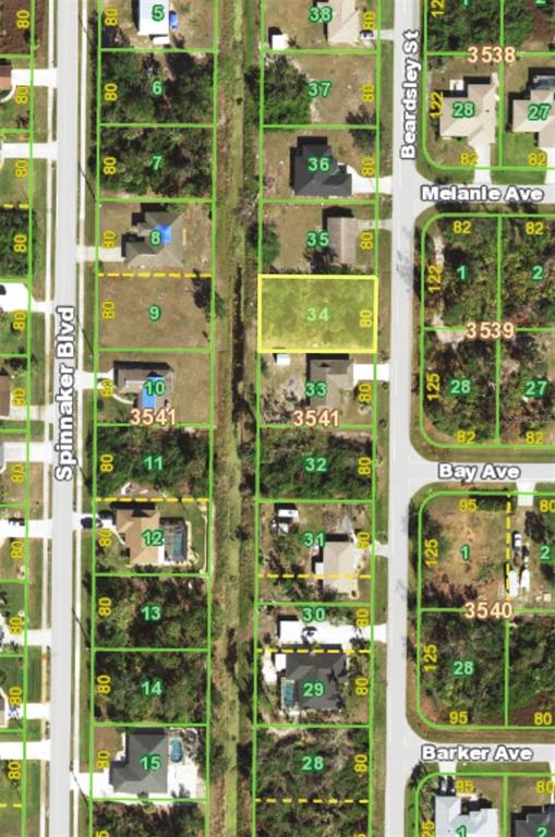 This is a satellite map showing residential lots and streets in a suburban neighborhood — 7151 BEARDSLEY STREET, ENGLEWOOD, FL