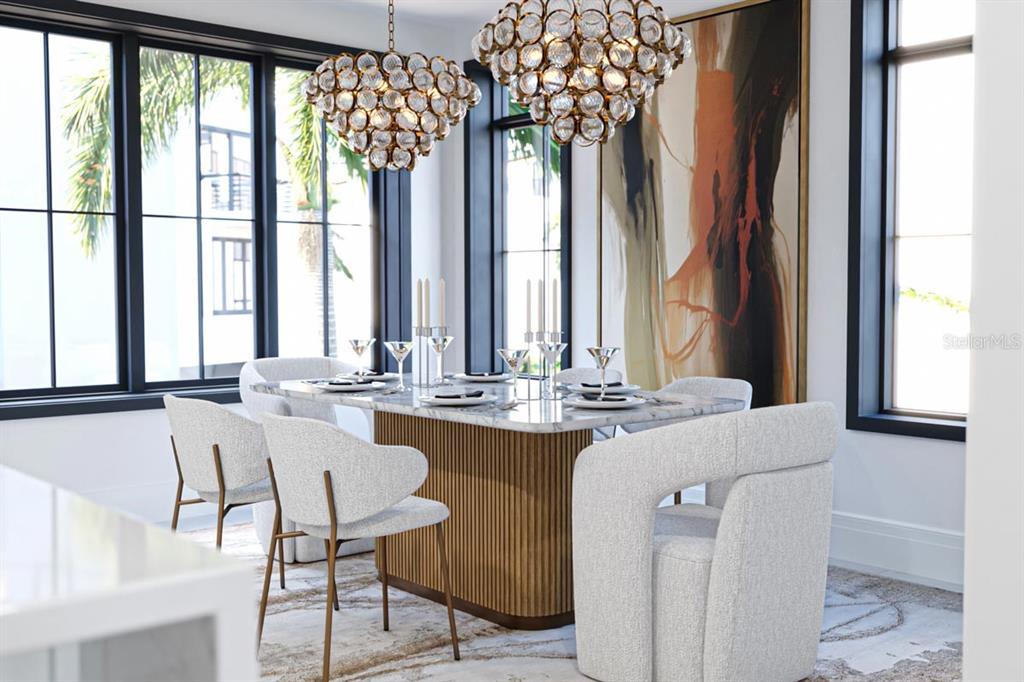 This rendering shows a modern dining room with a marble table, textured chairs, and chandeliers — 2360 OCEAN SHORE BOULEVARD UNIT 26, ORMOND BEACH, FL