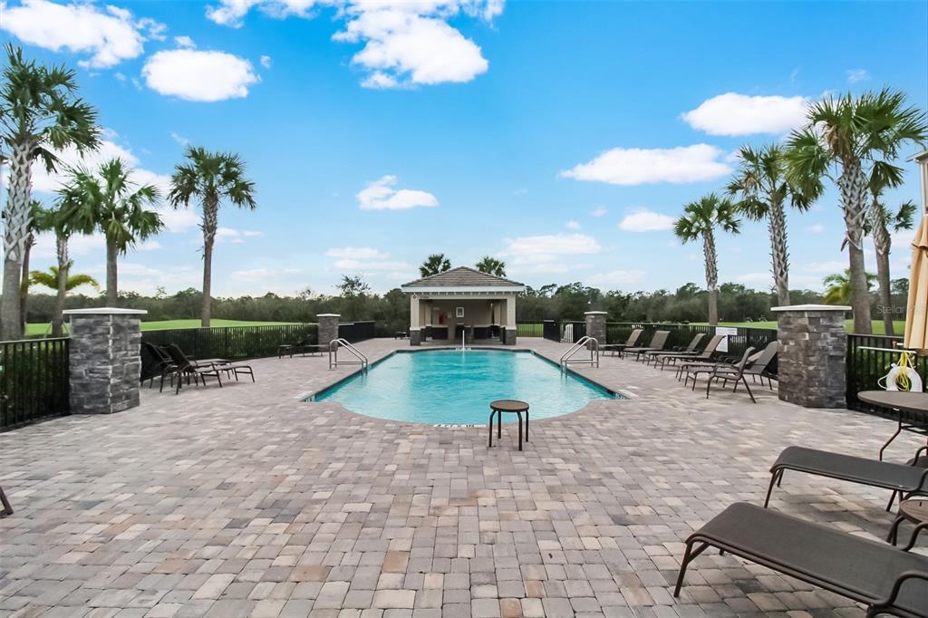 A rectangular swimming pool with a cabana, lounge chairs, and palm trees on a patio — 17810 GAWTHROP DRIVE UNIT 207, BRADENTON, FL